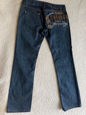 Versace Vintage Embellished Dark Wash Jeans with Blue & Brown Embroidery